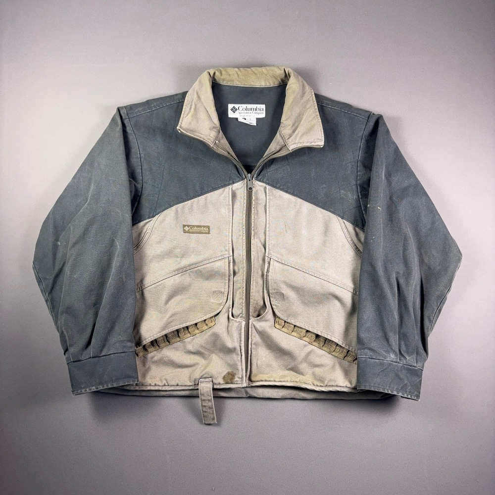 Vintage Columbia Canvas Hunting Jacket Grey Tan Game Bag Shell Loops Mens XL